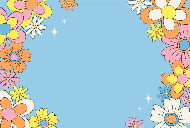 illustrazioni stock, clip art, cartoni animati e icone di tendenza di sfondo vettoriale con fiori retrò per post sui social media, banner, design di carte, ecc. - anni 60