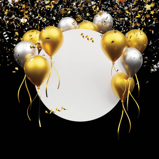 istock Gold and silver balloon with foil confetti falling with blank banner on black background 3d render 1350976604