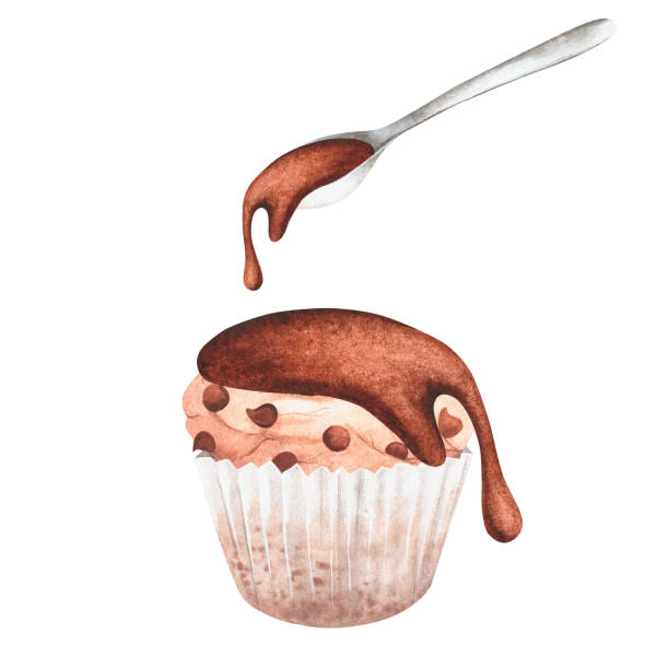 illustrazioni stock, clip art, cartoni animati e icone di tendenza di cupcake versato con cioccolato. illustrazione vintage ad acquerello. isolato su sfondo bianco. per il tuo design. - cookie chocolate cake gourmet dessert