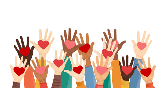 Volunteers holding hearts in palms. Multiethnic diverse people hands give and share love concept. Support and social help isolated vector illustration