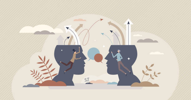 Arguing in conflict discussion about different opinions tiny person concept Arguing in conflict discussion about different opinions tiny person concept. Dispute and confrontation with negative talking arguments vector illustration. Disagreement and frustration in relationship debate stock illustrations