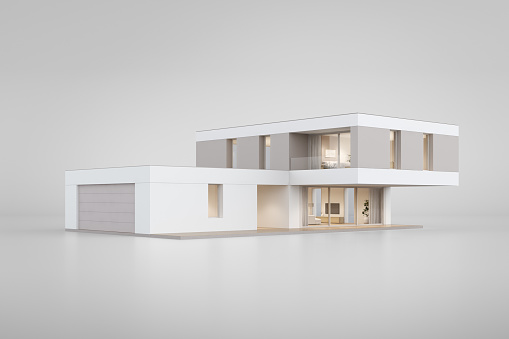 Modern house isolated on grey background, real estate or property investment concept. 3d rendering.