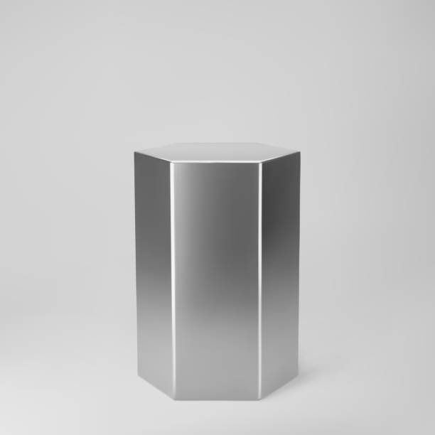 istock Silver 3d hexagon with perspective isolated on grey background. Hexagon pillar, chrome steel pipe, museum stage, pedestal or product podium. 3d geometric shape vector 1350997733
