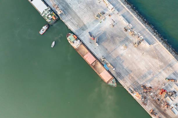 istock Aerial view of a large cargo ship unloading grain. 1351000566