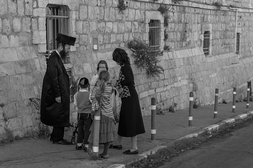 Jerusalem, Israel - 16 June 2019: People in old City of Jerusalem, beautiful black and white photography. Sabbath day in Israel