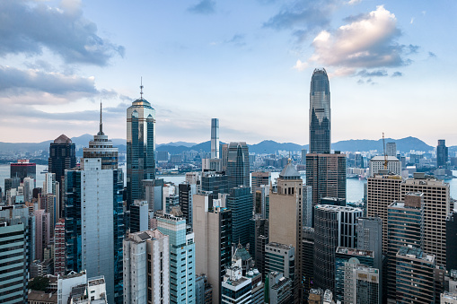 Aerial Photograph of the Hong Kong city skyline, office buildings, hotels, residential buildings included in shot