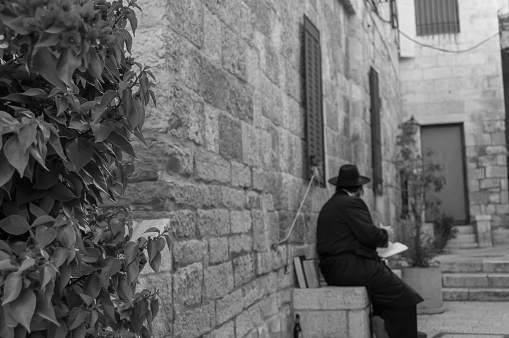 Jerusalem, Israel - June19, 2019: Torah reading, a Jewish religious tradition. Beautiful black and white photography
