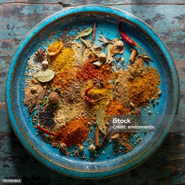 Variety Of Colorful Organic Dried Vibrant Indian Food Spices On An Old Turquoisecolored Ceramic Plate Stock Photo - Download Image Now