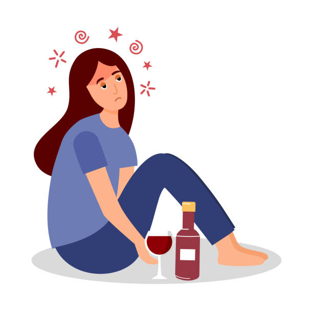 erwachsene betrunkene frau sitzt mit alkoholflasche und weinglas im flachen design. alkoholischer charakter. alkoholsucht. - alcoholism drunk hangover grief stock-grafiken, -clipart, -cartoons und -symbole