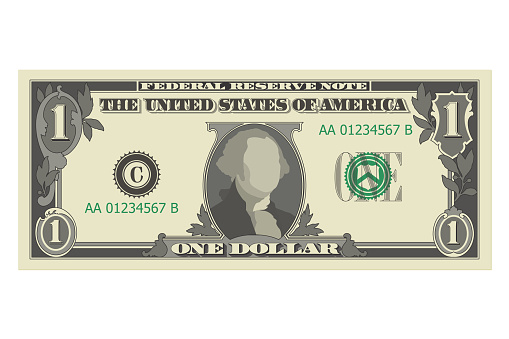 One dollar bill, 1 US dollar banknote, from front side, obverse. Simplified vector illustration of USD isolated on a white background