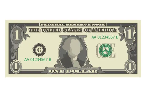 Vector illustration of One dollar bill, 1 US dollar banknote, from front side, obverse. Simplified vector illustration of USD isolated on a white background
