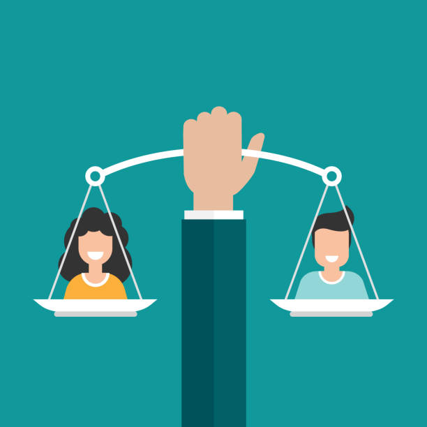 Gender and sexual equality concept. Businessman hand holds scales with man and woman avatars Gender and sexual equality concept. Businessman hand holds scales with man and woman avatars. Balance between male and female. Fair comparison concept. gender equality scale stock illustrations