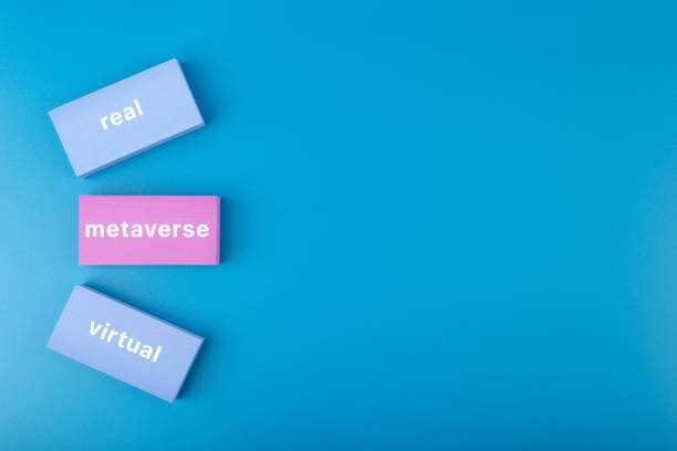 istock Metaverse modern minimal concept on dark blue background with copy space. Real, virtual, metaverse text on rectangles 1351008023