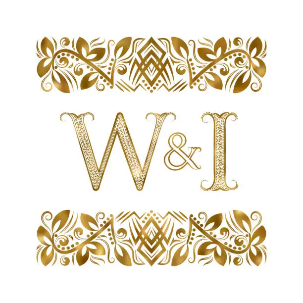 Vector illustration of W and I vintage initials symbol. The letters are surrounded by ornamental elements. Wedding or business partners monogram in royal style.