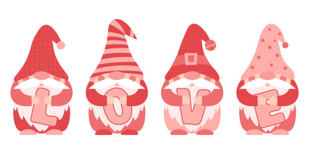 ilustraciones, imágenes clip art, dibujos animados e iconos de stock de un conjunto de pequeños enanos paupérrimos con ropa rosa y roja y gorras que sostienen las letras amor en sus manos. pequeños gnomos barbudos, lindos personajes de dibujos animados. ilustración vectorial en color aislada sobre blanco. - paunchy