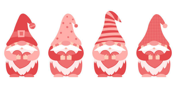 ilustraciones, imágenes clip art, dibujos animados e iconos de stock de un conjunto de pequeños enanos paupérrimos con ropa rosa y roja y sombreros que sostienen corazones en sus manos. pequeños gnomos, lindos personajes de dibujos animados en un estilo plano. ilustración vectorial en color aislada sobre blanco. - paunchy