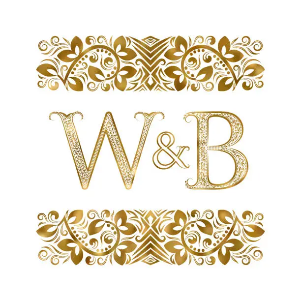 Vector illustration of W and B vintage initials symbol. The letters are surrounded by ornamental elements. Wedding or business partners monogram in royal style.