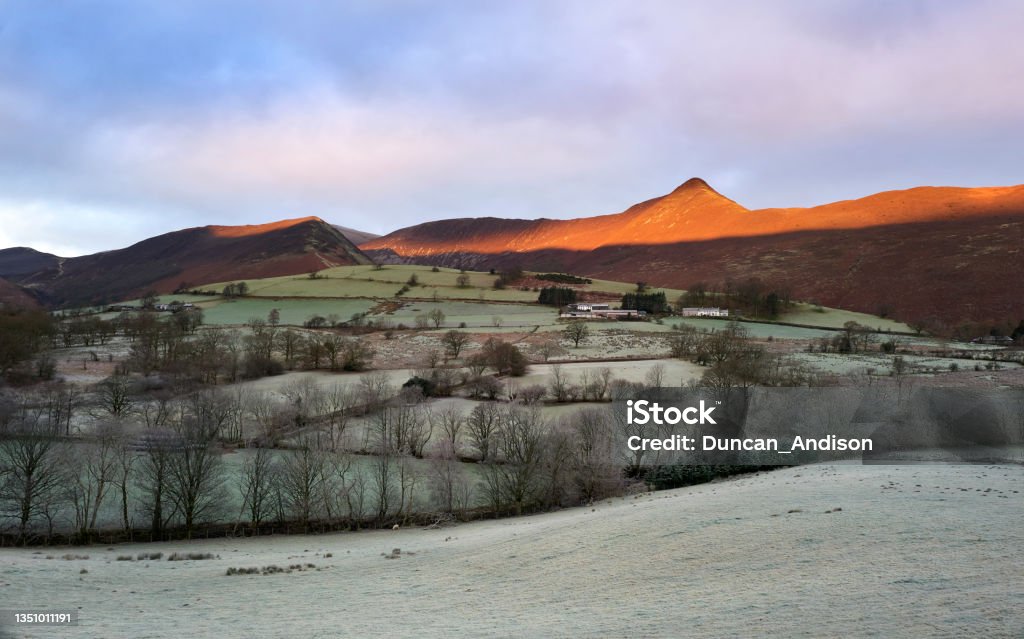 A frost covered valley of Newlands with a winters sunrise catching the mountain top of Causey Pike A frost covered valley of Newlands with a winters sunrise catching the mountain top of Causey Pike, Derwent Fells in the Lake District. Agricultural Field Stock Photo