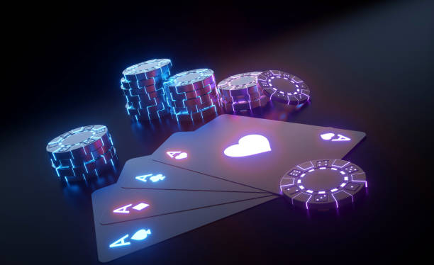 Modern Black And Blue, Purple Neon Casino Chips And Four Aces - 3D Illustration Modern Black And Blue, Purple Neon Casino Chips And Playing Cards On Black Background. graphics card stock pictures, royalty-free photos & images