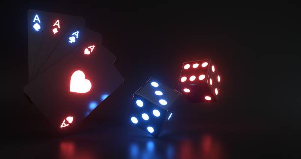 istock Modern Black And Blue, Red Neon Four Aces And Gambling Dices - 3D Illustration 1351012052