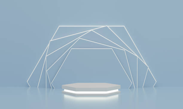 istock Hexagonal podium with a light underneath for product display with modern hexagonal rotated pink background. 1351013461