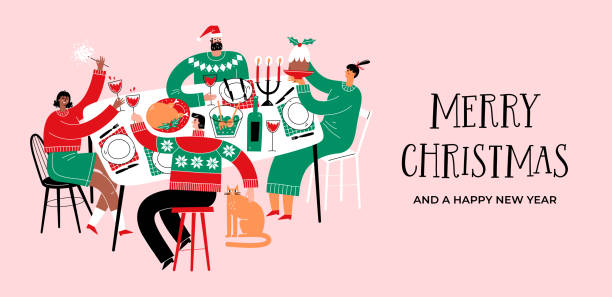 ilustrações de stock, clip art, desenhos animados e ícones de happy people celebrating christmas at the festive table, eating holiday meals and drinking wine. - dinner friends christmas