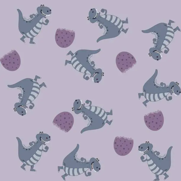 Vector illustration of Print pattern with smiling grey dinosaur crocodile and walker with purple egg  - vector