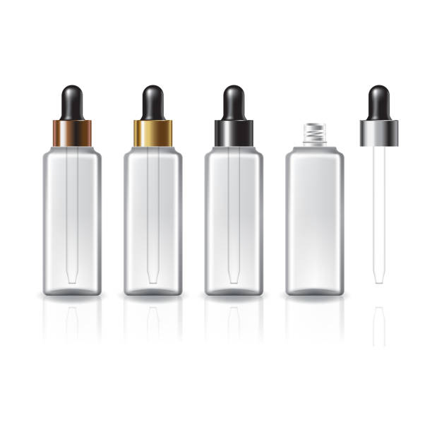 istock 4 cap colors clear square cosmetic bottle with black dropper lid for beauty or healthy product. 1351014933