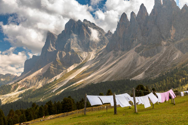 Laundry on the line in front of the Odle group, Gardena, South Tyrol