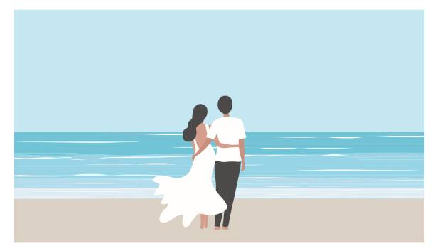 illustrations, cliparts, dessins animés et icônes de couple amoureux debout sur l’illustration vectorielle de la plage. concept romantique d’heure d’été - attractive couple