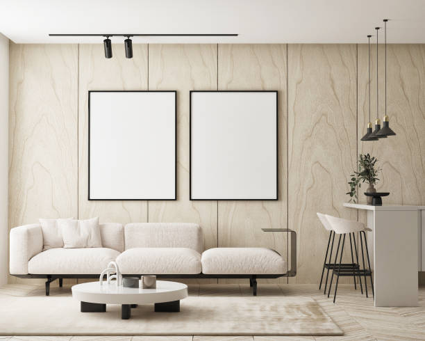 istock mock up poster frame in modern interior background, living room, Scandinavian style, 3D render, 3D illustration 1351017285