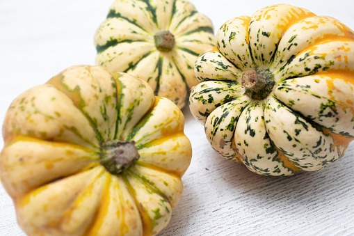 Edible squash on a white wooden surface - can be used for Fall season decorations