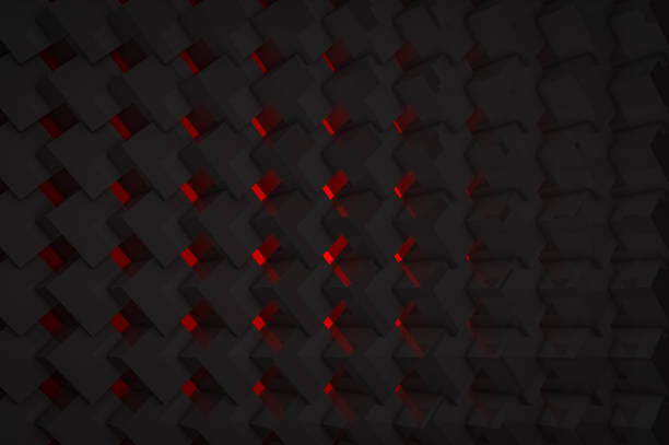 3D abstract cubic background in dark shades with red glow. 3D illustration of cubes connected to each other