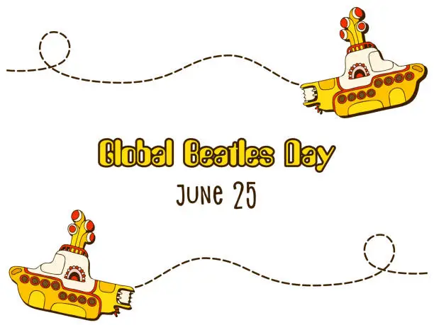 Vector illustration of Yellow submarine in doodle style. Hand drawn logo. Global Beatles Day - June 25.