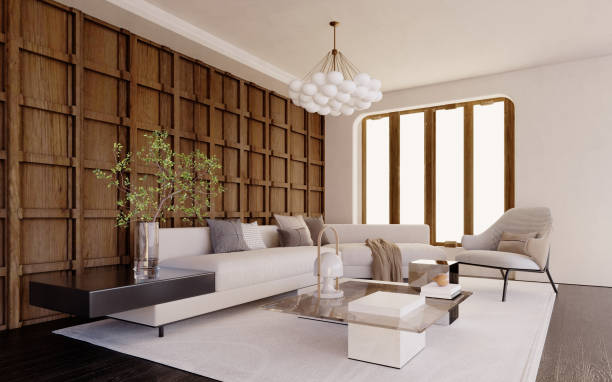 istock Living room with polished plaster wall. 1351020186