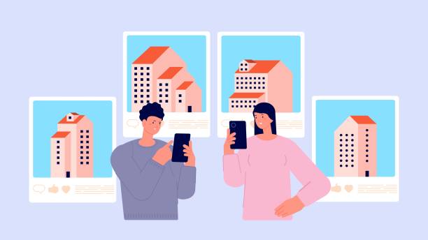 Property find concept. Couple looking house, real estate smartphone online app. Girl and boy rent apartment, young family need flat, vector illustration Property find concept. Couple looking house, real estate smartphone online app. Girl and boy rent apartment, young family need flat, vector illustration. Couple housing decision, house comparison cartoon of conclusion stock illustrations