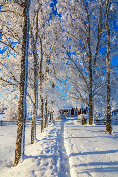Suburban house with snow in Chadds Ford, Delaware County, Pennsylvania