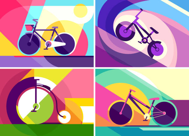 ilustraciones, imágenes clip art, dibujos animados e iconos de stock de colección de pancartas con bicicletas. - bmx cycling