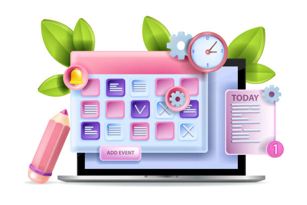 istock 3D calendar schedule vector illustration, online event planning concept, work education agenda, laptop. 1351021572