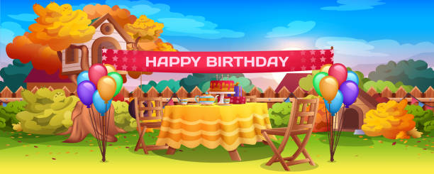 Birthday outside party decoration on backyard Birthday outside party decoration on backyard. Festive table with cake, candles, balloons bunches. Children celebration on lawn front of wooden fence. Vector cartoon illustration of autumn garden. backyard background stock illustrations