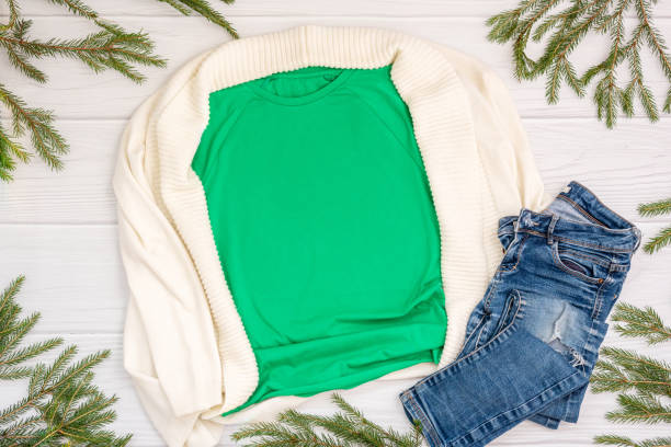 istock Christmas mockup t-shirt on white background flatlay, copyspace 1351022014