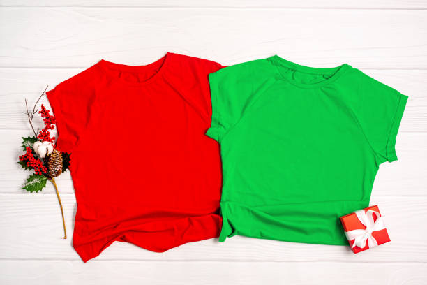 istock Christmas mockup t-shirt on white background flatlay, copyspace 1351022017