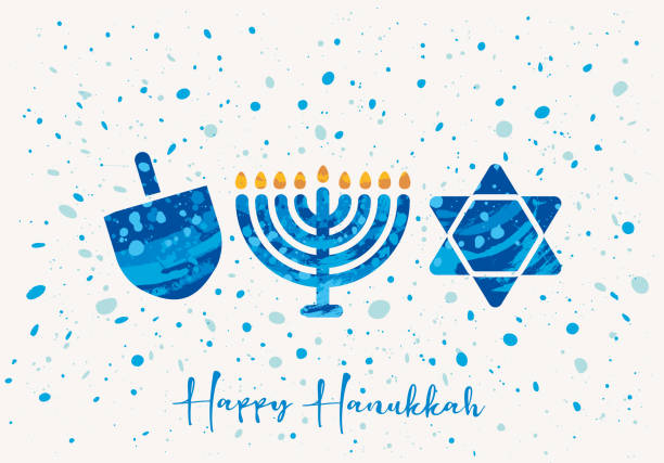 ilustrações, clipart, desenhos animados e ícones de texturas de tinta espirradas hanukkah cartão de saudação - cor azul - hanukkah menorah dreidel judaism