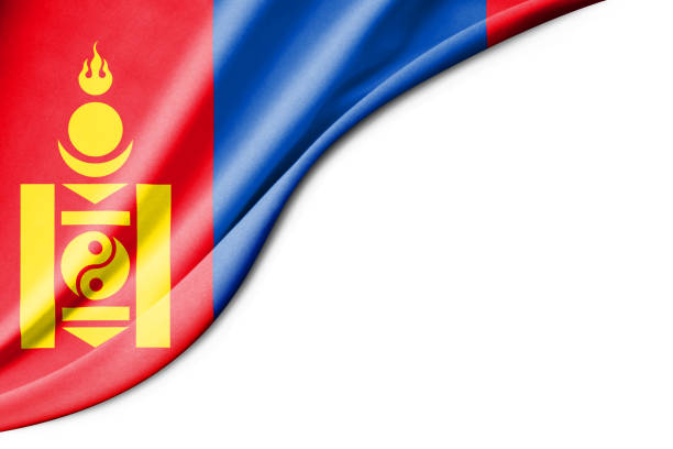 Flag of Mongolia blowing in the wind. Full page Mongolian flying flag. 3D illustration.