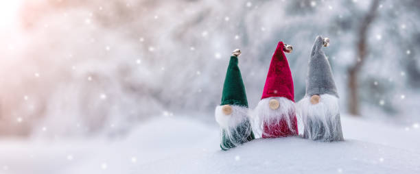 istock Three cute gnomes in the snowdrift in the winter forest in snowfall. 1351023556