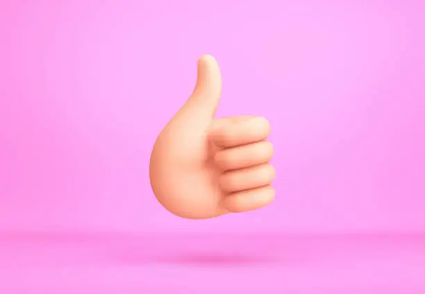 Cartoon hand with thumb up on purple background. 3D rendering