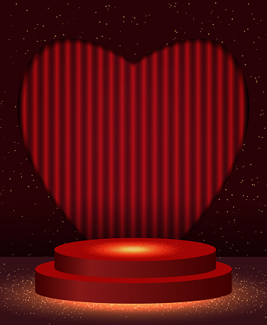 Vector illustration red neon heart background with shining stage podium for Valentine day design