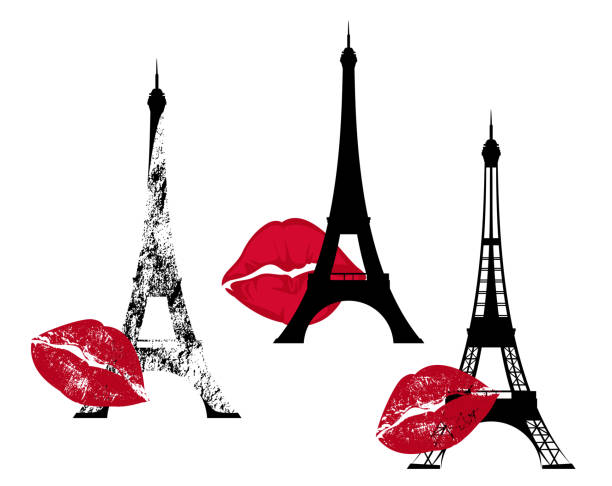 eiffel tower and red lips kiss mark vector design set eiffel tower textured silhouette outline and red lips kiss mark - love in Paris vector design set paris red lips stock illustrations