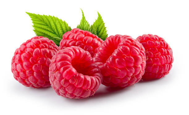 istock Raspberry isolated. Red raspberries with green leaf isolated on white. With clipping path. Full depth of field. 1351031170
