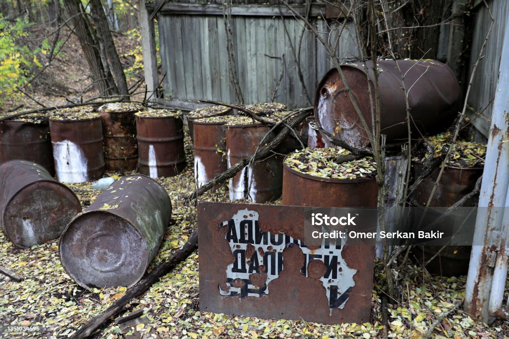 Toxic barrels in Chernobyl Pripyat City Stock Photo